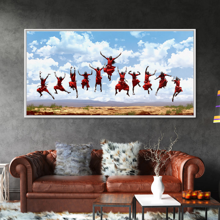 Joyful Red Dancers Under Clouds Canvas Print, African Celebration, African Women Art, Safari Decor, Colorful Wall Art Gift