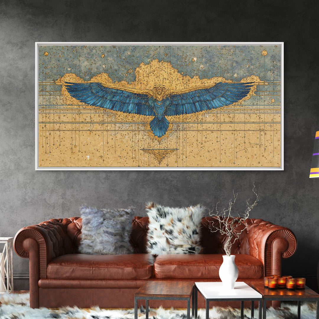 Blue Gold Winged Scarab Wall Art, African Egyptian Art, Ancient African Art, Spiritual Wall Decor, Luxury Canvas Print Gift