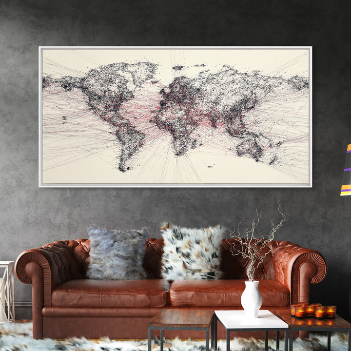 Dotted World Map In Black And Red, African Inspired Wall Art, Abstract Global Network Print, Modern Office Home Decor Gift