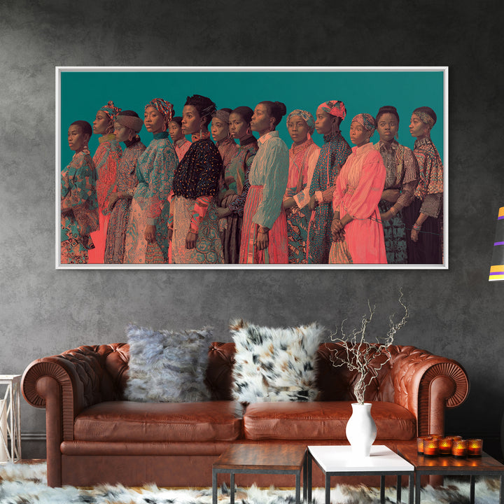 Portrait Line Of African Women In Ankara Dresses, Framed Canvas Print, Black Woman Art, Afrocentric Wall Decor Gift For Her