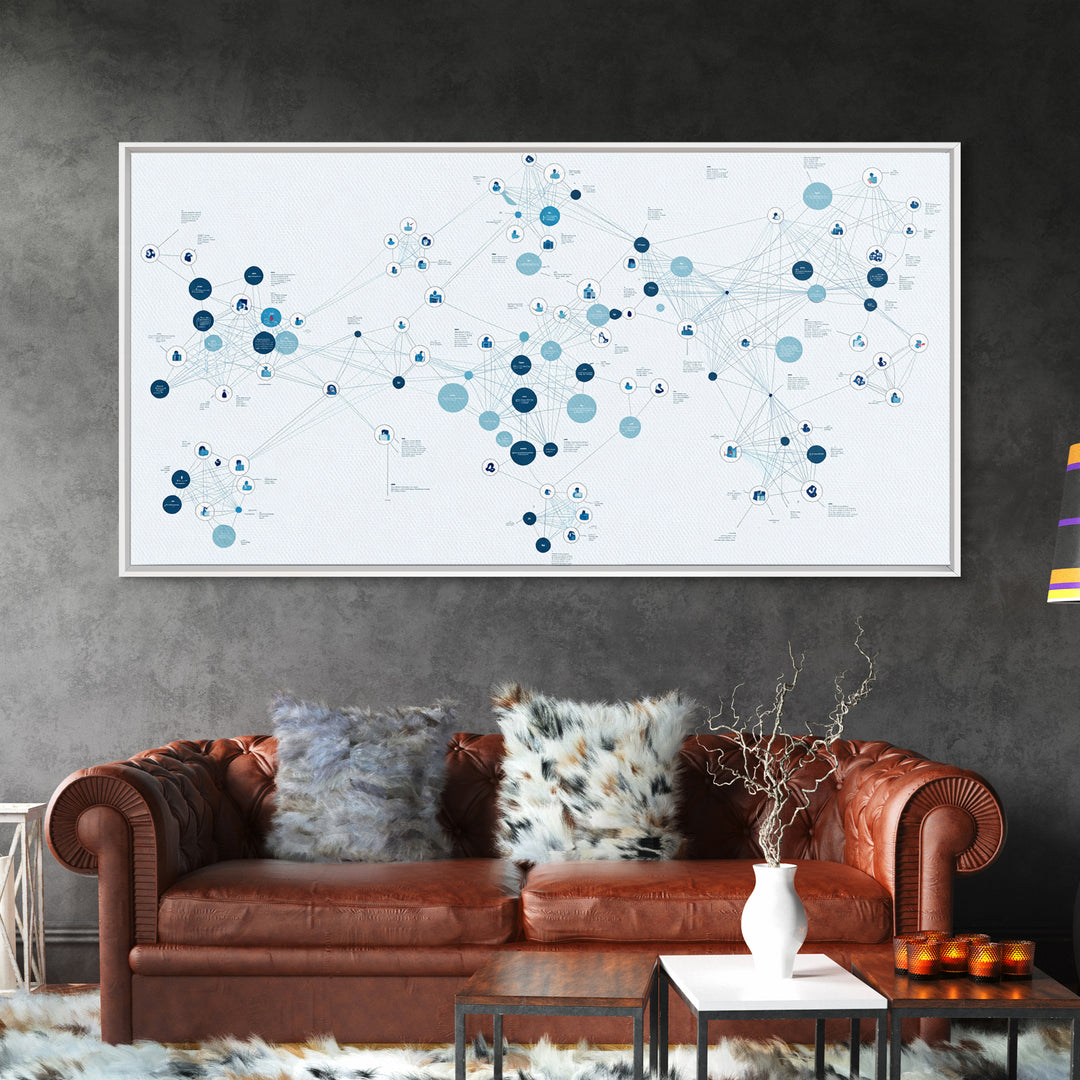 Blue Global Data Network Map Canvas Print, Abstract Wall Art, Modern Office Decor, Minimalist Technology Home Decor Gift