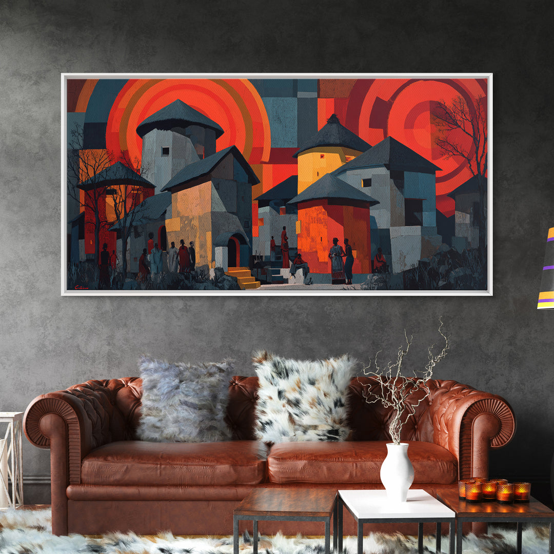 Red Sunset African Village Houses Wall Art, Modern African Art, Cultural Home Decor, Bold Geometric Canvas Print Gift For Him