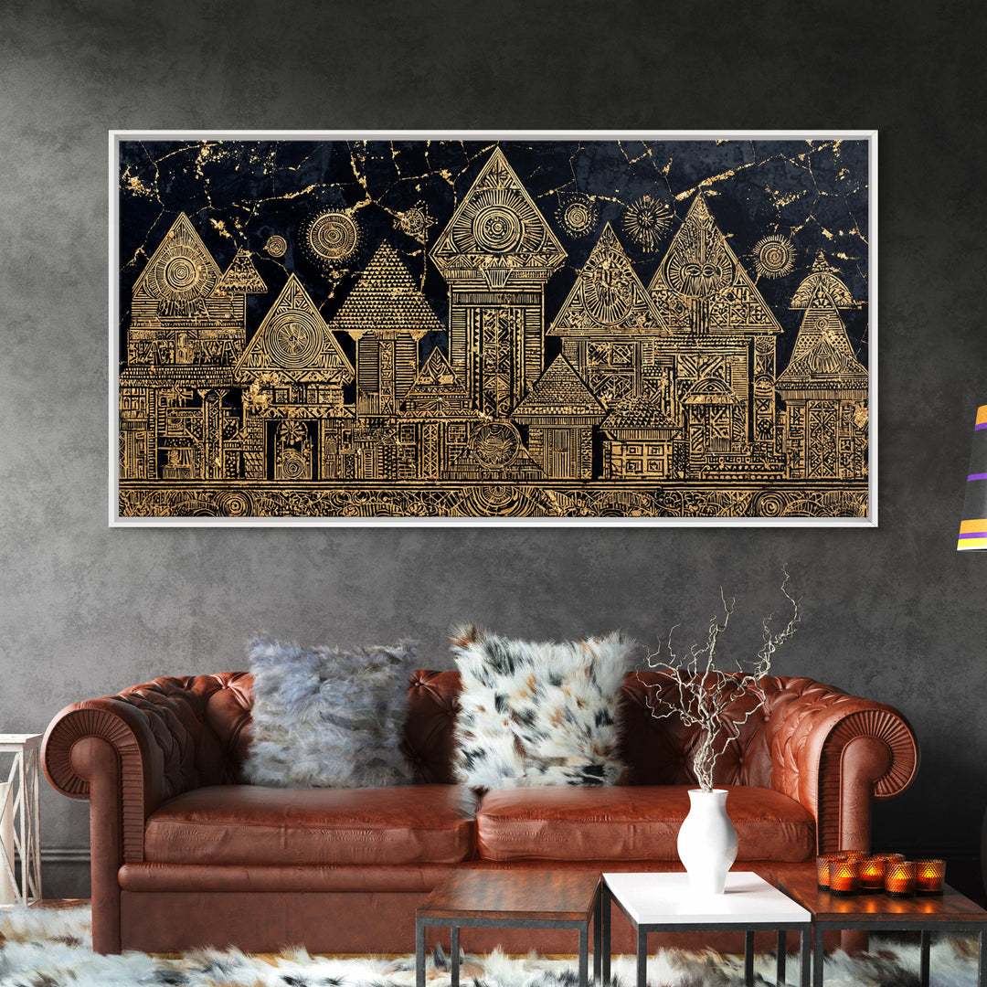 Gold Tribal Village Houses On Black Wall Art, African Tribal Art, Ancient African Art Print, Luxury Cultural Home Decor Gift