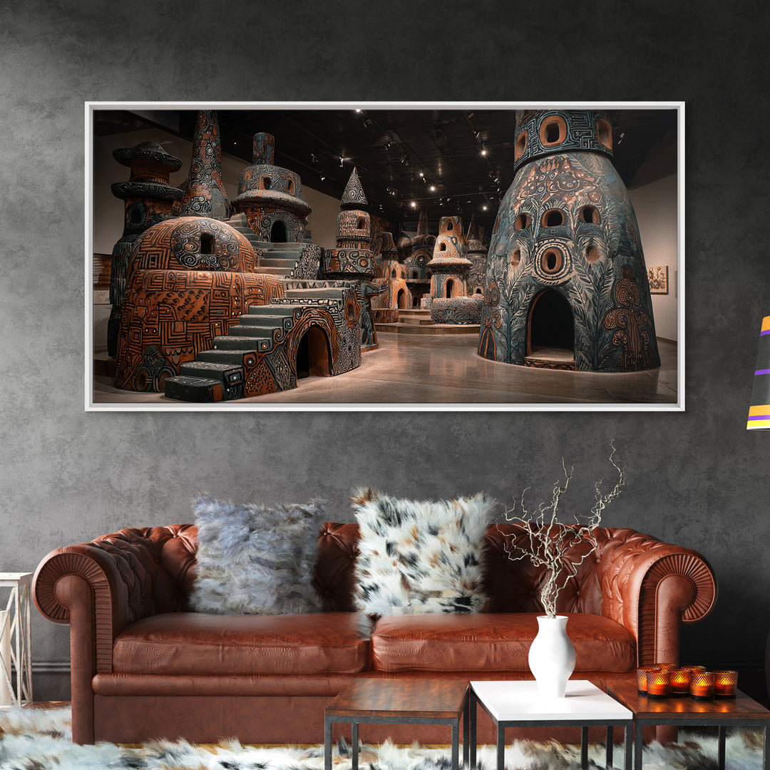 Monumental African Ceramic Sculpture Gallery, Framed Canvas Print, African Art Sculpture, Tribal Decor Statement Piece Gift