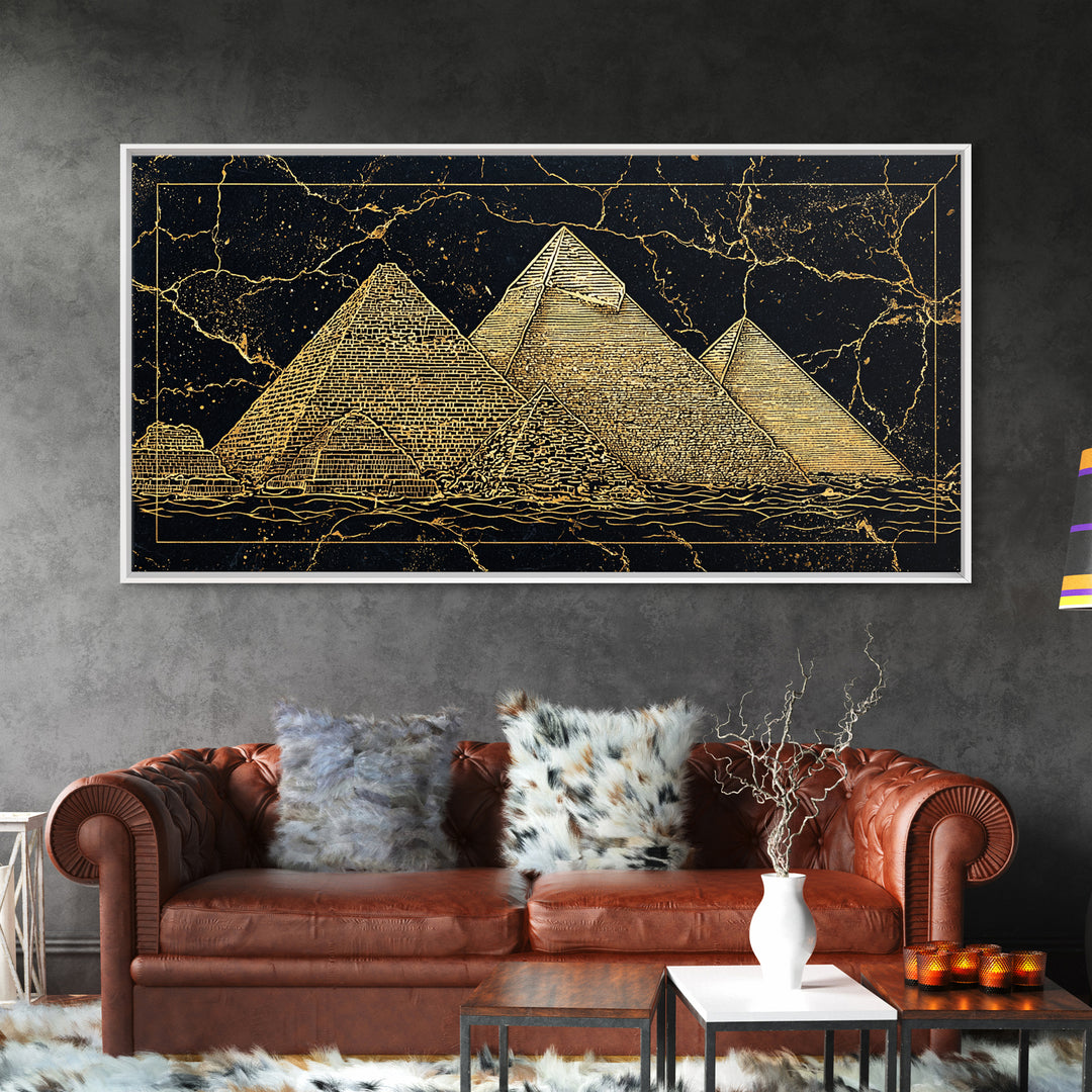 Golden Line Egyptian Pyramids Wall Art, Black Gold Canvas Print, Ancient African Artwork, Luxury Cultural Home Decor Gift