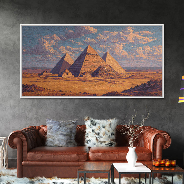 Sunlit Giza Pyramids Desert Wall Art, Egyptian Landscape Canvas Print, Ancient African Art, Warm Earth Tone Decor For Living Room