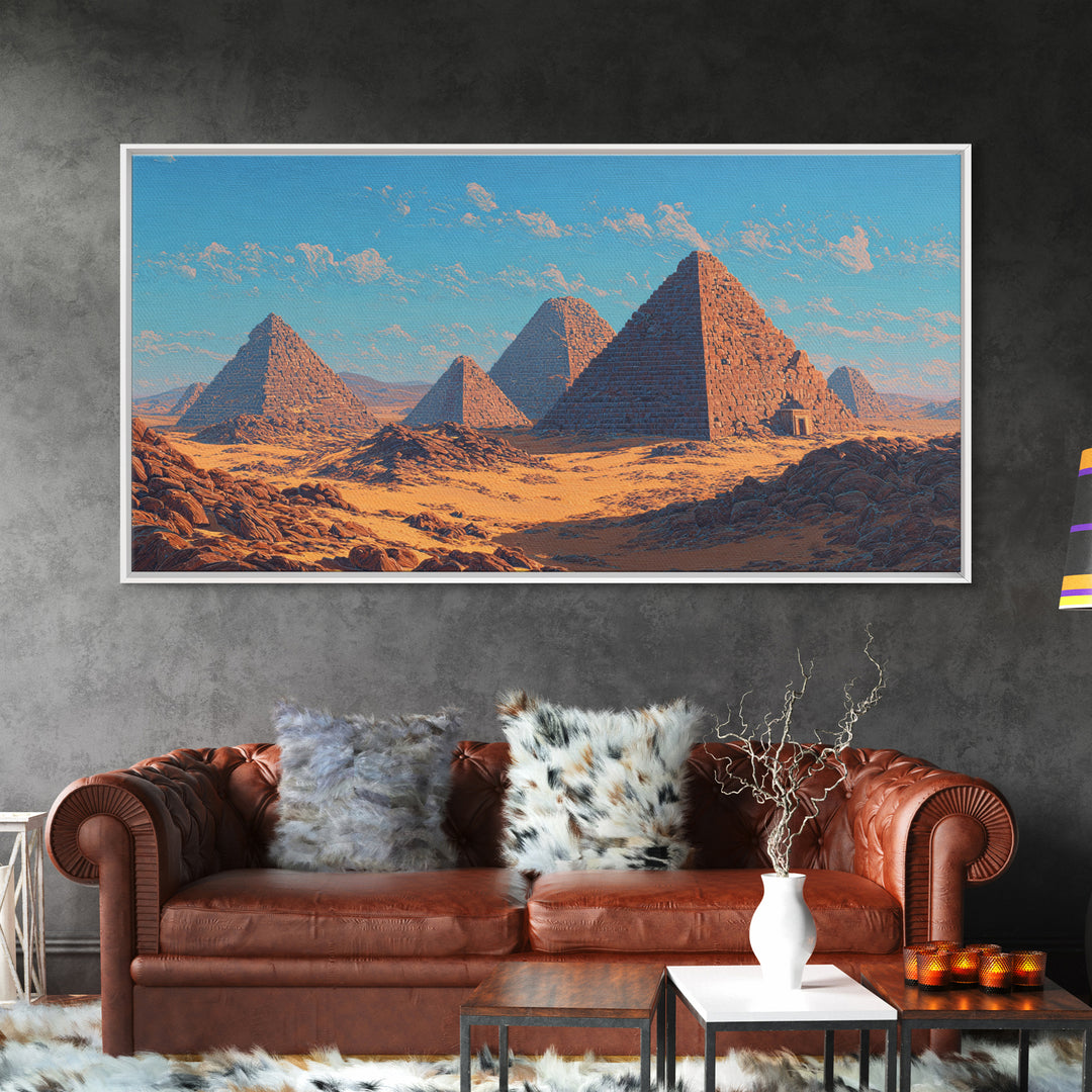 Blue Sky Giza Pyramids Wall Art, Egyptian Desert Landscape Canvas Print, Ancient African Art, Warm Cultural Decor Gift For Her