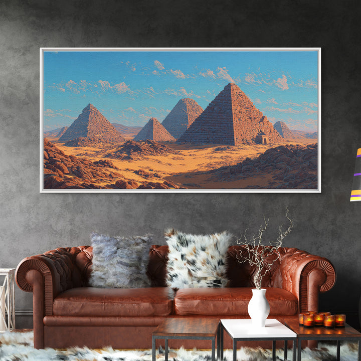 Blue Sky Giza Pyramids Wall Art, Egyptian Desert Landscape Canvas Print, Ancient African Art, Warm Cultural Decor Gift For Her
