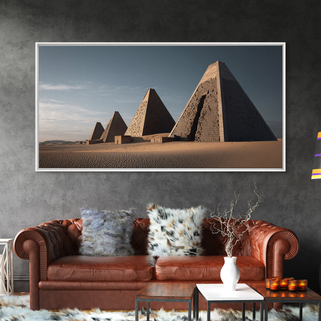 Sunlit Desert Pyramids African Landscape Framed Canvas Print, African Egyptian Art, Sahara Travel Poster, Living Room Decor