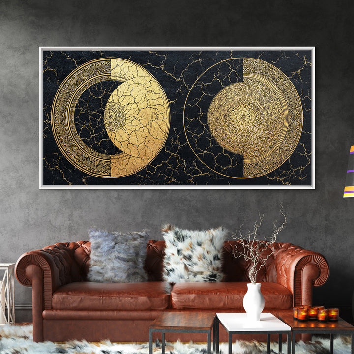 Gold Celestial Moon Phases On Cracked Black Wall Art, Abstract Art, Spiritual Wall Art, Modern Canvas Art, Home Decor Gift