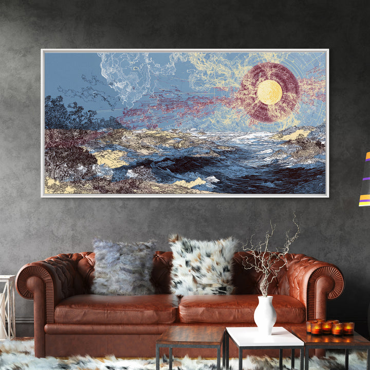 Radiant Sun Over Abstract Ocean Landscape Canvas Print, Blue Wall Art, Modern Art, Nature Scene Art, Coastal Home Decor Gift