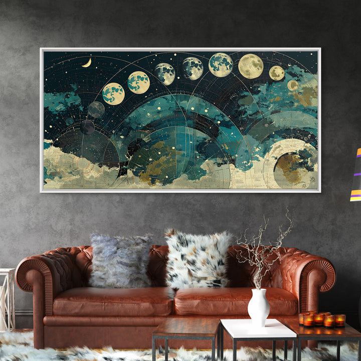 Teal Moon Phase Night Sky Celestial Wall Art, Spiritual Wall Art, Mystical Wall Art, Abstract Canvas Art, Bedroom Decor Gift