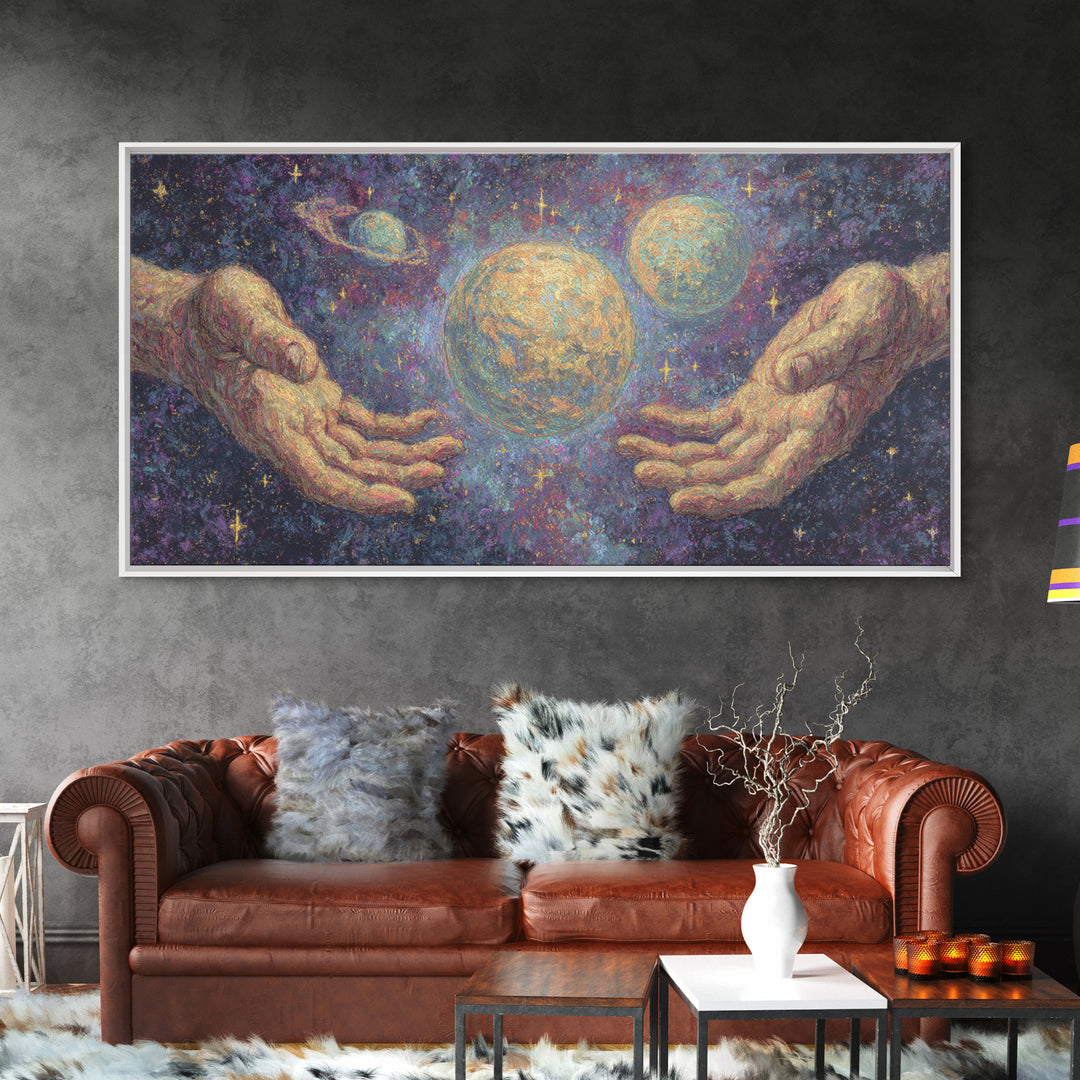 Mystical Hands Holding Planets Cosmic Wall Art, Spiritual Wall Art, Abstract Art, Dreamy Wall Art, Unique Canvas Print Home Decor