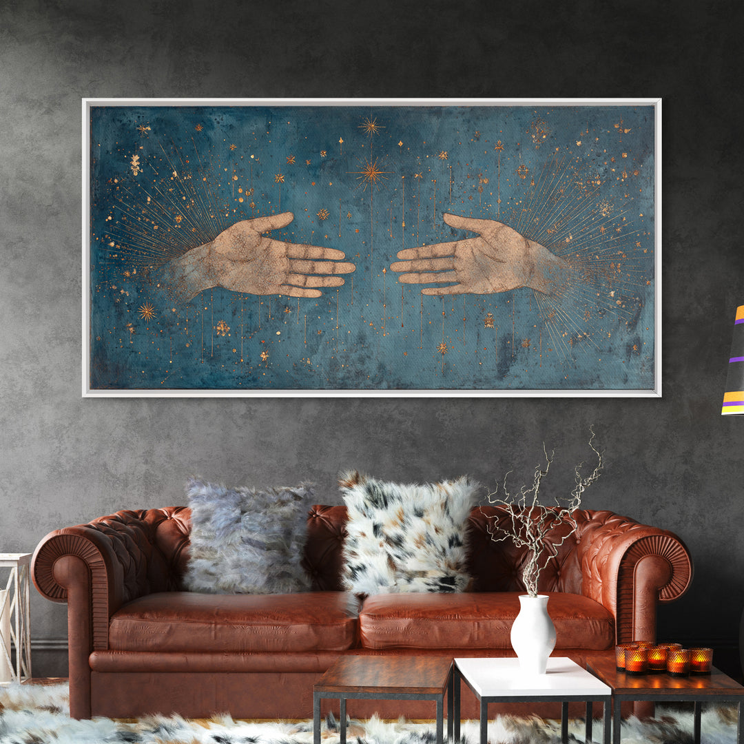 Two Open Hands With Golden Stars Teal Wall Art, Spiritual Wall Art, Mystical Wall Art, Feminine Wall Art, Unique Home Decor
