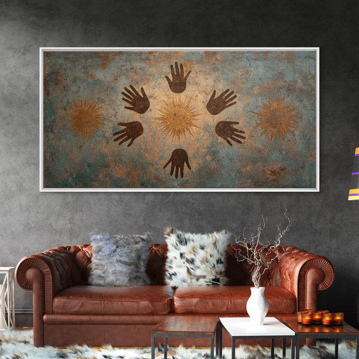 Ancient Handprint Symbols Wall Art, Tribal Abstract Painting, Earth Tone Spiritual Decor, Rustic Cultural Home Decor Gift