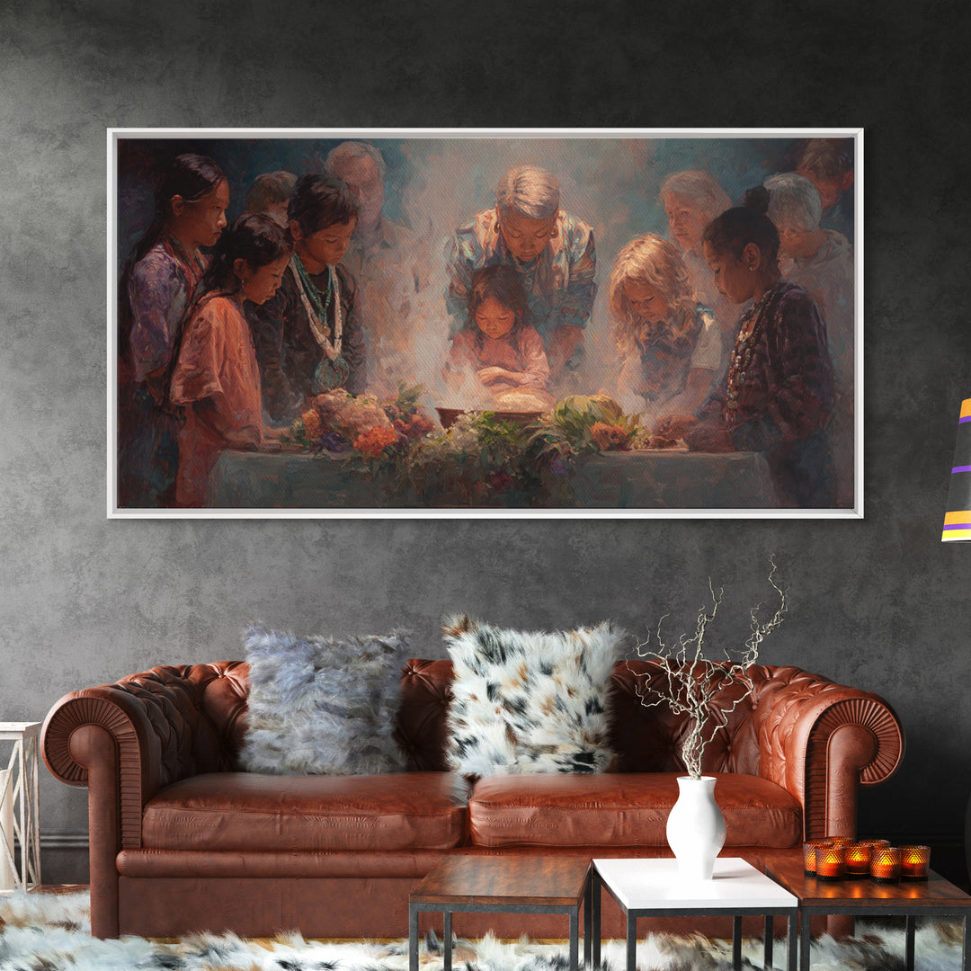 Children Around Harvest Table Canvas Print, Multicultural Family Prayer, Warm Kitchen Decor, Meaningful Housewarming Gift
