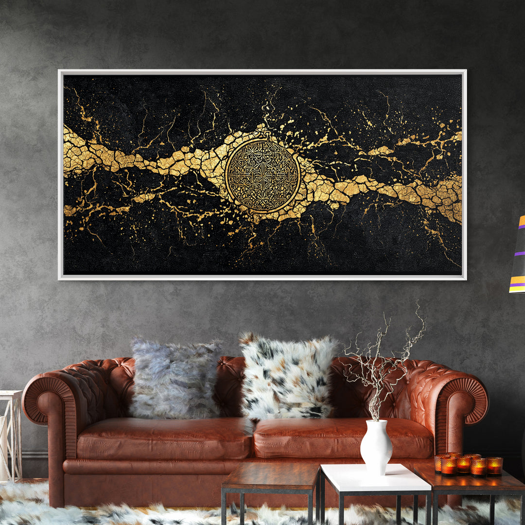 Black And Gold Medallion Canvas Print, Luxury Abstract Wall Decor, Cracked Marble Texture, Elegant Statement Home Decor Gift