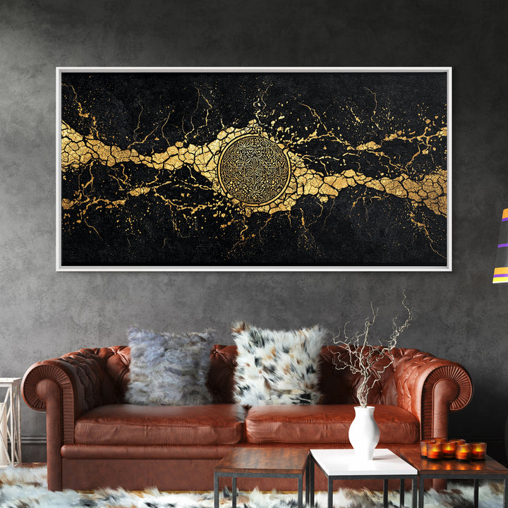 Black And Gold Medallion Canvas Print, Luxury Abstract Wall Decor, Cracked Marble Texture, Elegant Statement Home Decor Gift