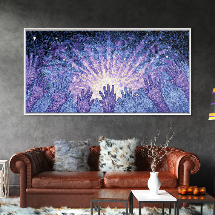 Hands Reaching Toward Light Wall Art, Mystical Spiritual Canvas Decor, Blue Purple Starburst, Dreamy Meditation Gift For Home