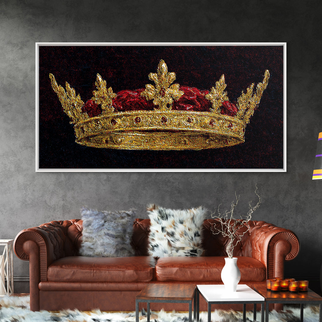 Golden Royal Crown Framed Canvas Print, Black And Gold Wall Decor, Regal Jewel Painting, Luxury Statement Home Decor Gift For Him