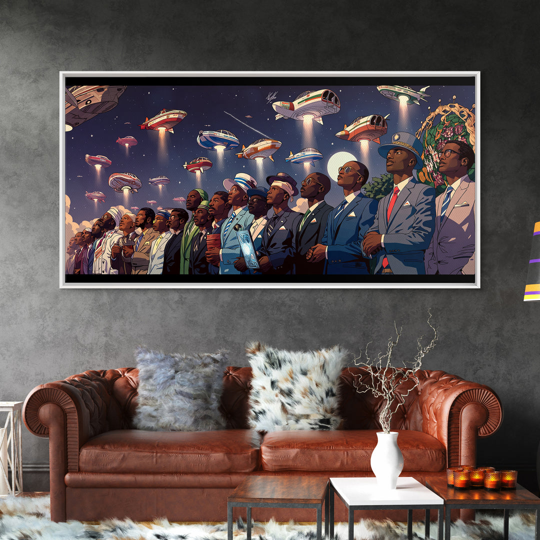 Afrofuturist Skywatchers Canvas Print, Black Men In Suits With Ufo Ships, Modern Afro Wall Decor, Unique Sci Fi Statement Home Decor Gift