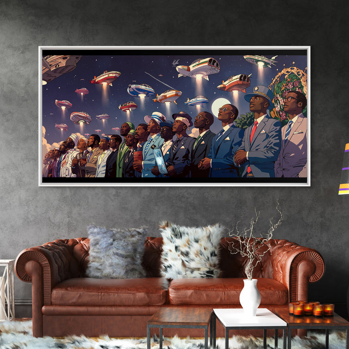 Afrofuturist Skywatchers Canvas Print, Black Men In Suits With Ufo Ships, Modern Afro Wall Decor, Unique Sci Fi Statement Home Decor Gift