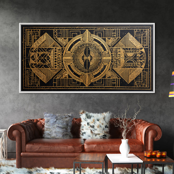 Gold Tribal Geometric Pattern Canvas Print, African Abstract Wall Art, Afrocentric Decor, Black Gold Luxury Home Decor, Statement Decor