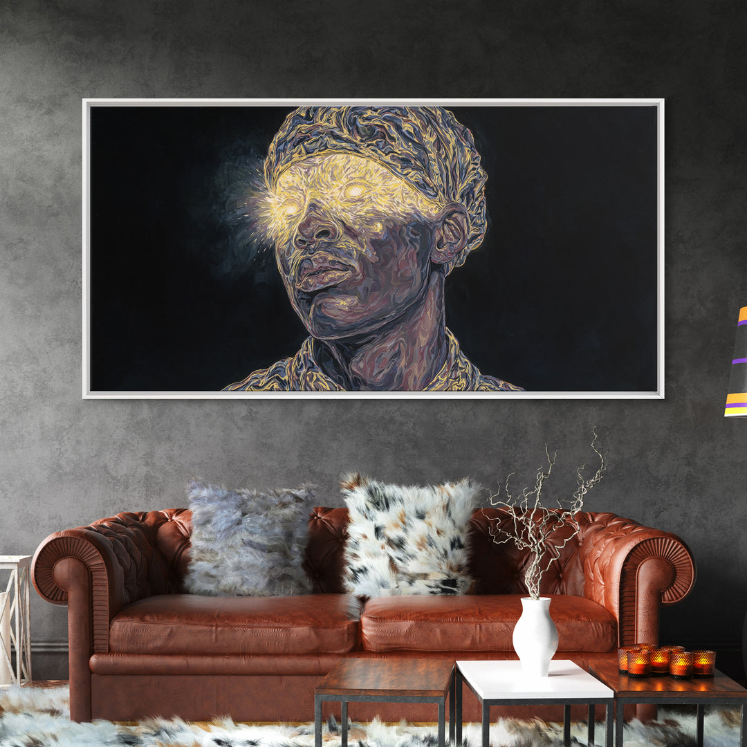 Glowing Eyed African Elder Portrait Framed Canvas Print, Visionary Black Art, Afrocentric Wall Art, Spiritual Home Decor