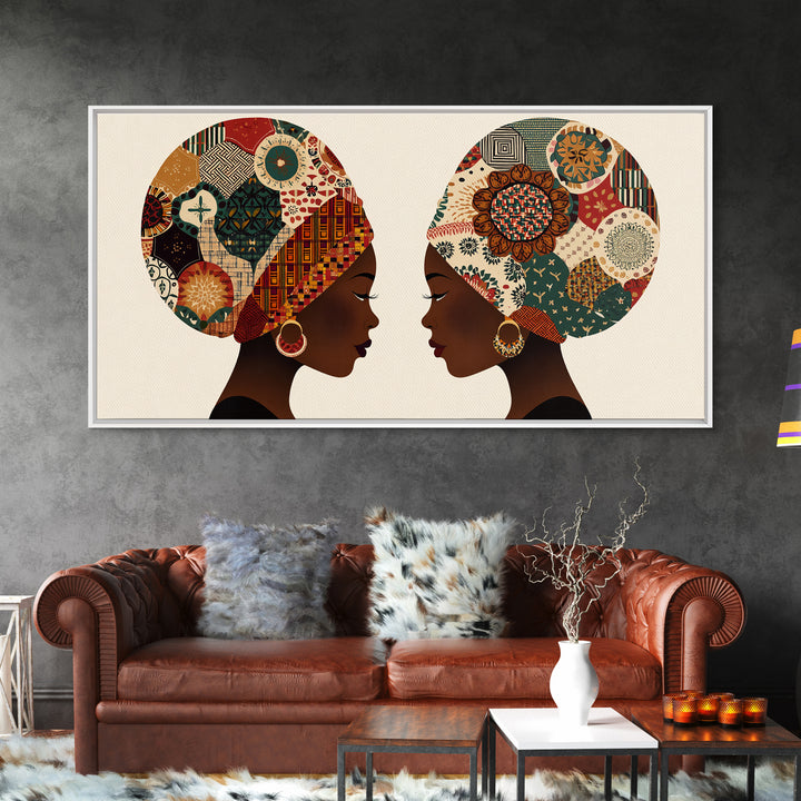 Twin African Women In Ankara Headwraps Canvas Print, Black Woman Wall Art, Afrocentric Decor, Elegant Cultural Home Decor