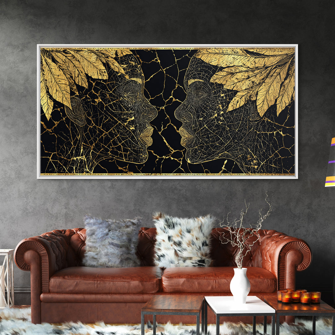 Gold Leaf African Profile Faces Wall Art, Black Gold Abstract Portrait, Afrocentric Canvas Print, Elegant Cultural Decor