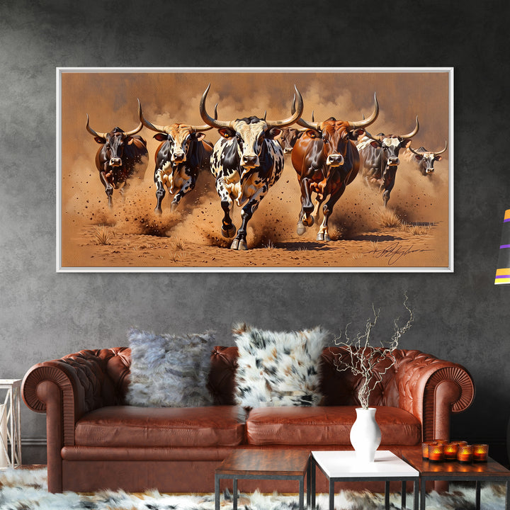 Charging Longhorn Cattle Canvas Print, African Safari Animal Art, Rustic Western Wall Art, Brown Dusty Ranch Home Decor Gift
