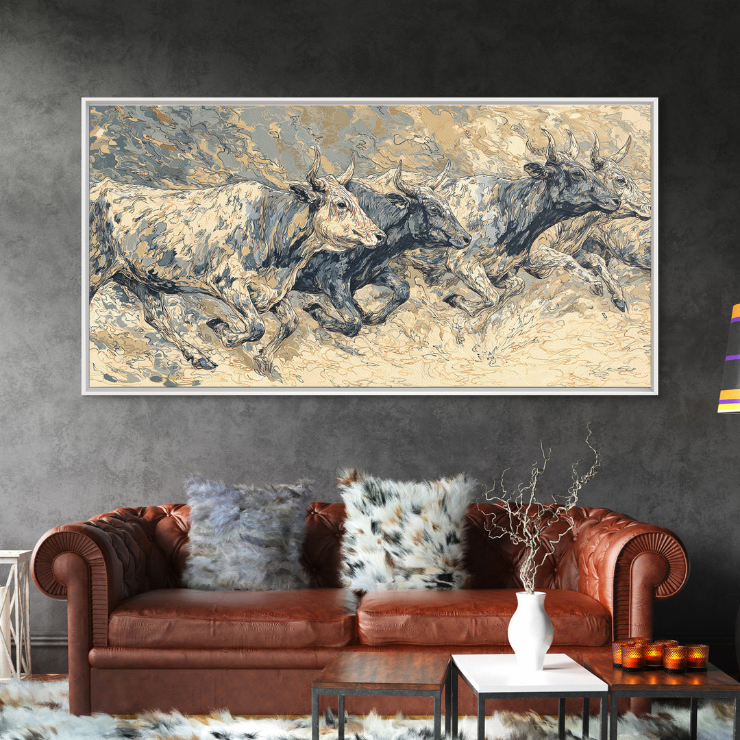 White Cattle Herd In Dusty Motion Framed Canvas Print, African Animal Art, Safari Wall Art, Beige Blue Rustic Home Decor