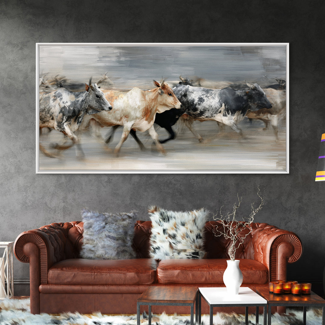 Blurred Running Cattle Herd Canvas Print, African Safari Wall Art, Modern Animal Painting, Neutral Rustic Living Room Decor