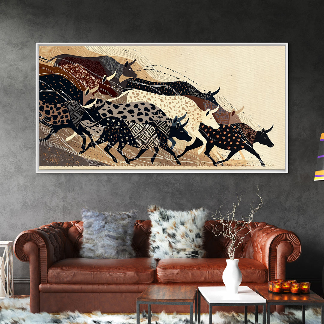 Patterned Cattle Herd Wall Art, Boho African Animal Art, Tribal Textile Canvas Print, Earth Tone Safari Unique Home Decor Gift