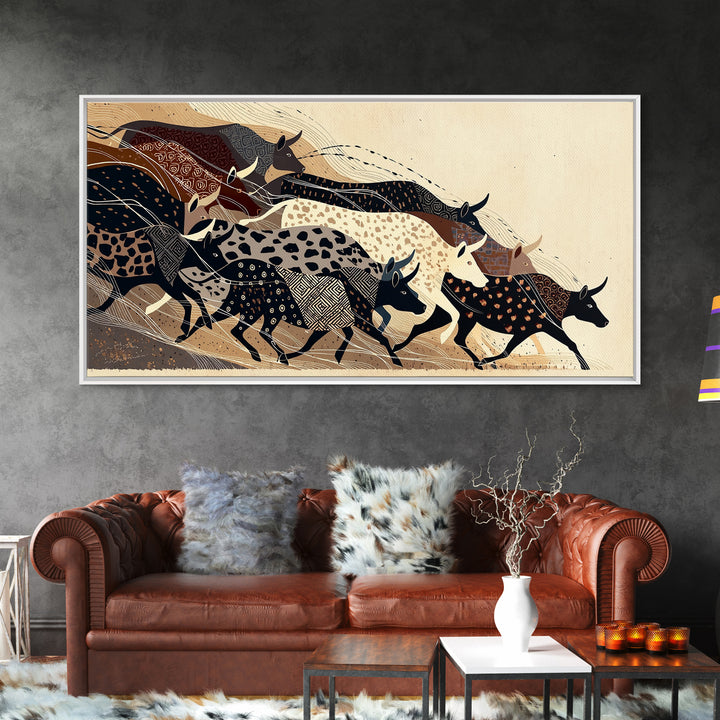 Patterned Cattle Herd Wall Art, Boho African Animal Art, Tribal Textile Canvas Print, Earth Tone Safari Unique Home Decor Gift