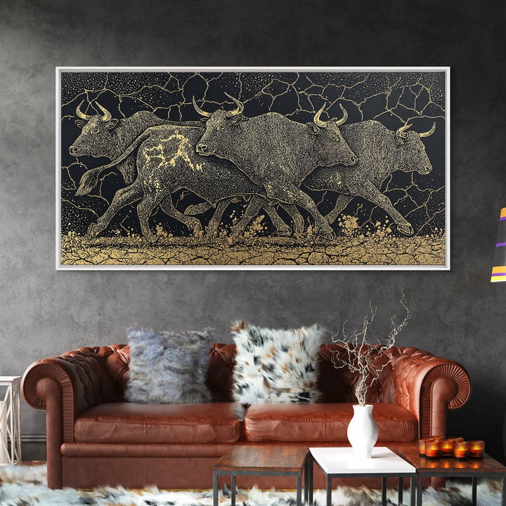 Black Gold Running Cattle Wall Art, African Animal Art, Tribal Crackle Canvas Print, Luxury Safari Decor, Statement Piece