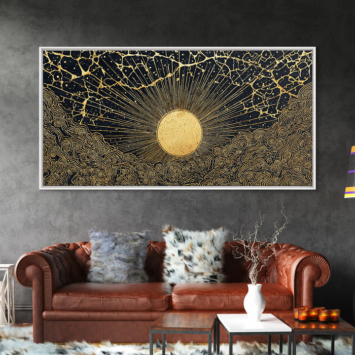 Golden Sunburst Over Black Waves Wall Art, African Inspired Abstract, Black And Gold Decor, Luxury Canvas For Living Room