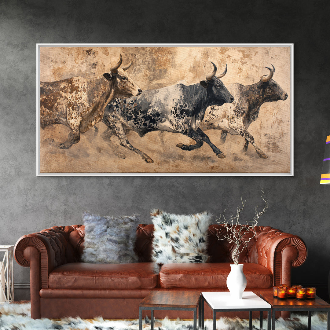 Running African Cattle Canvas Print, Rustic Safari Animal Painting, Earth Tone Wall Decor, Modern Farmhouse Home Decor, Housewarming Gift