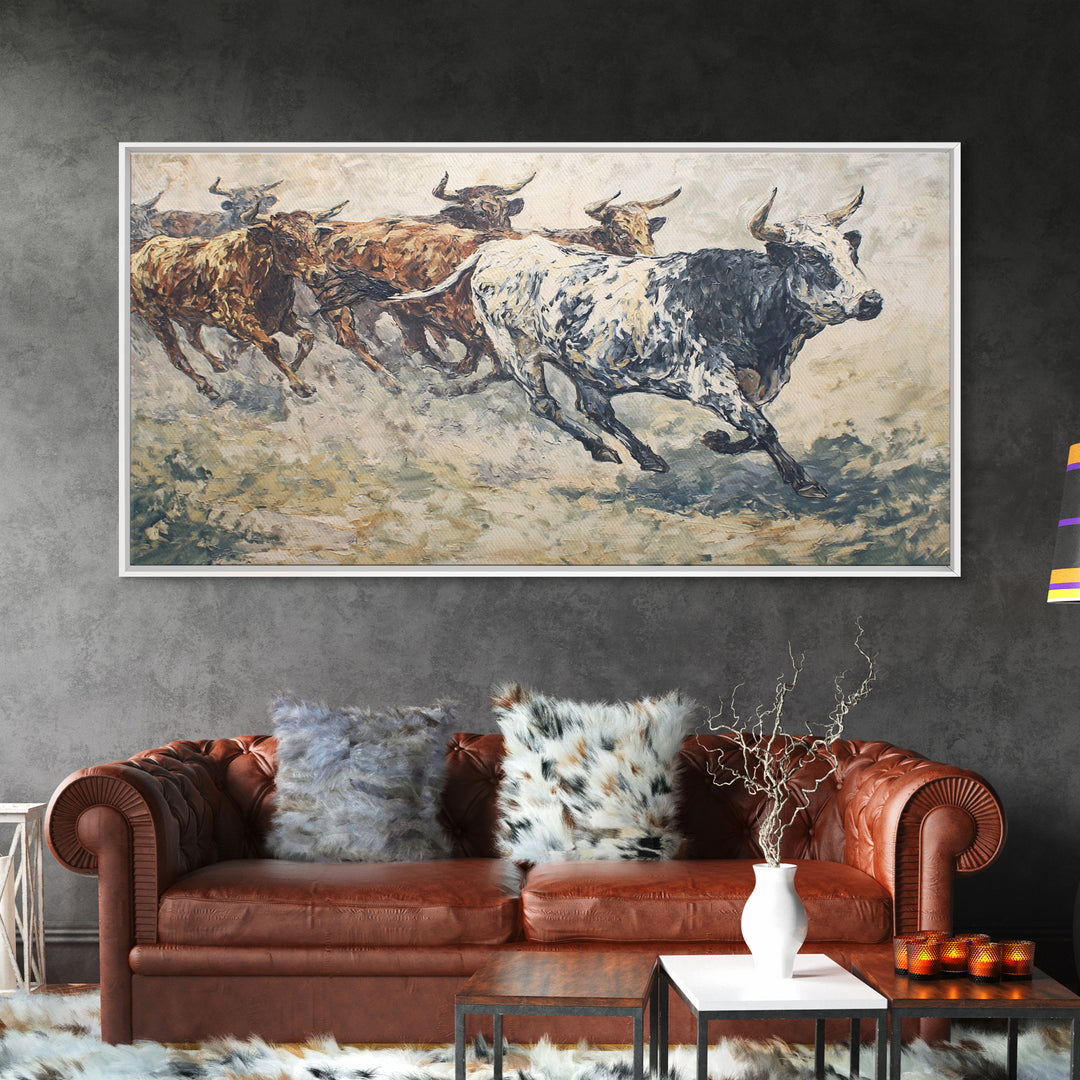 Textured Longhorn Cattle Framed Canvas Print, African Safari Wall Art, Rustic Animal Painting, Neutral Living Room Decor