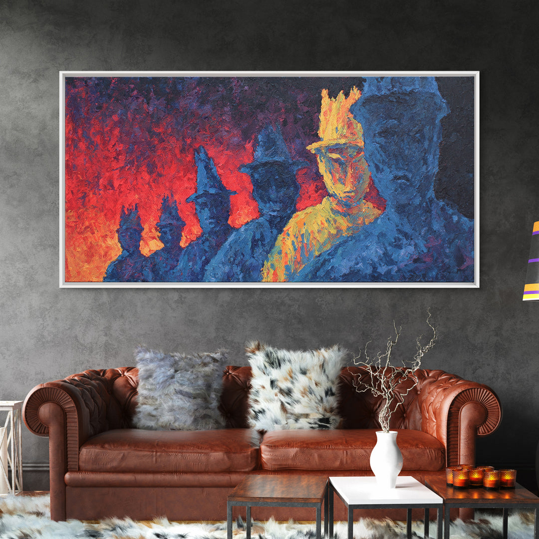 Fiery Blue And Gold Figures Framed Canvas Print, African Warrior Art, Bold Abstract Black Art, Vibrant Statement Home Decor