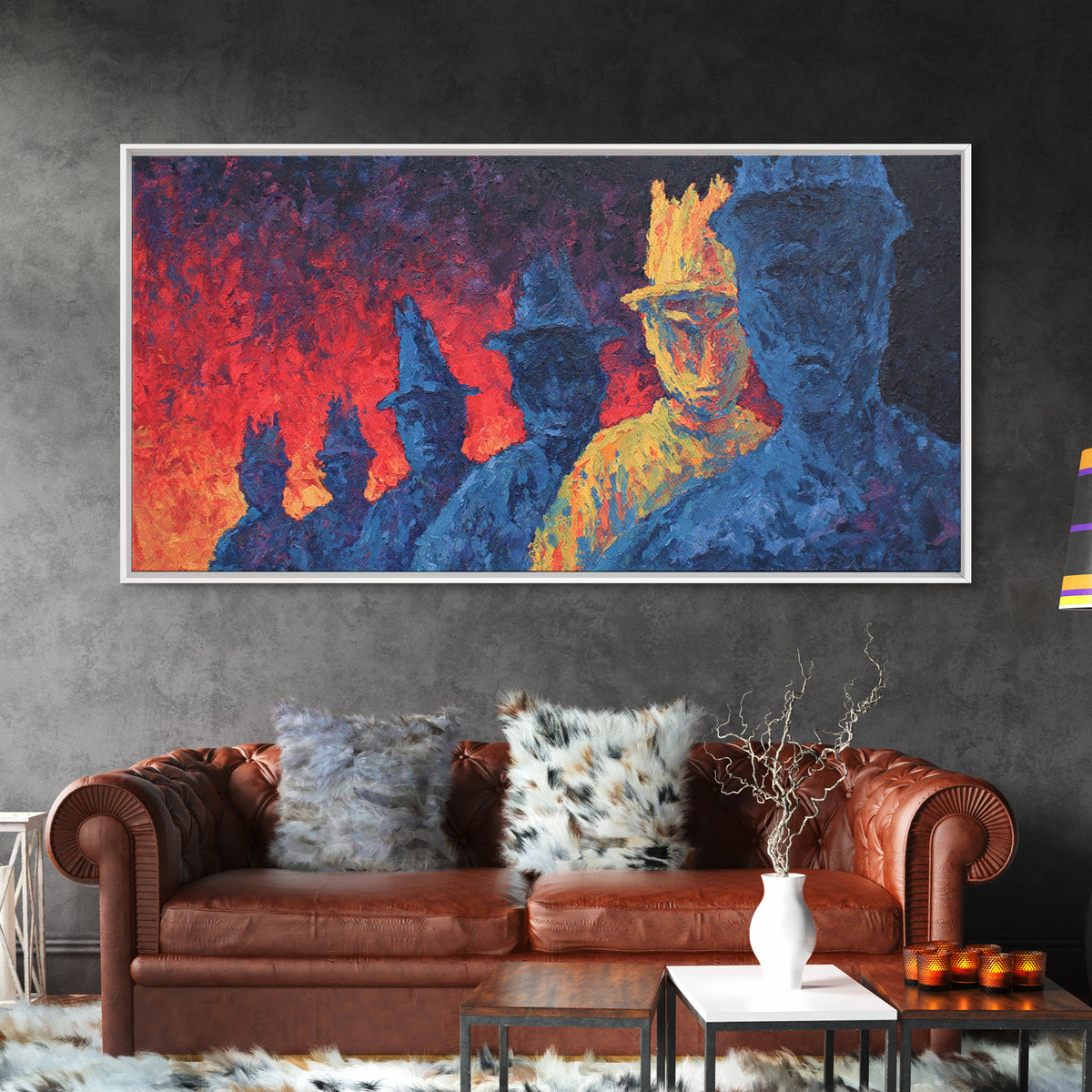 Fiery Blue And Gold Figures Framed Canvas Print, African Warrior Art, Bold Abstract Black Art, Vibrant Statement Home Decor