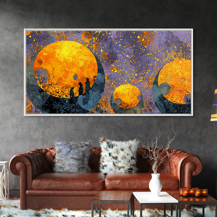 Orange Moon Figures Wall Art, African Inspired Abstract Landscape, Black Silhouette Home Decor, Afrofuturism Canvas Print