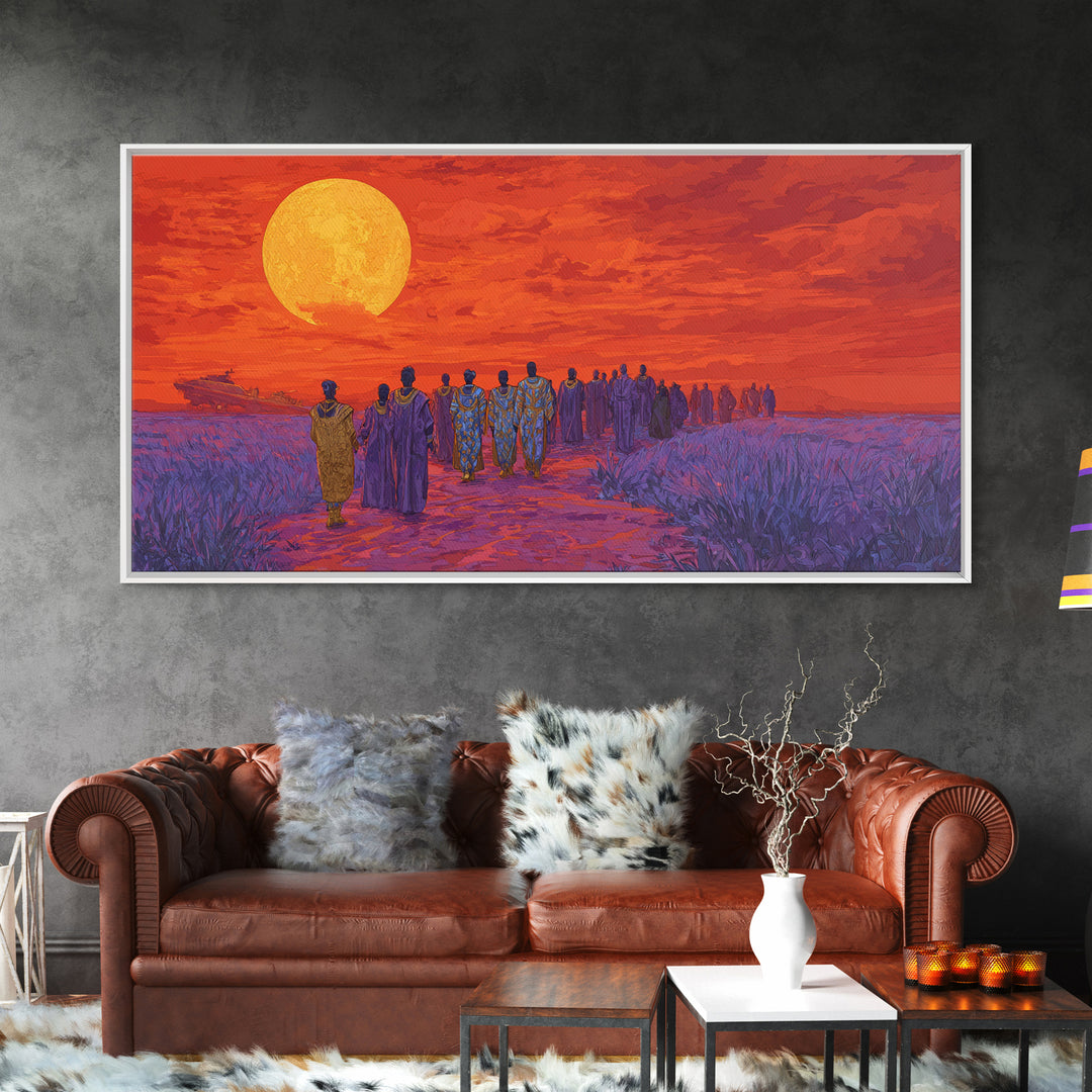 African Procession Under Orange Sun Framed Canvas Print, African Women Art, Cultural Wall Decor, Afrocentric Home Decor Gift