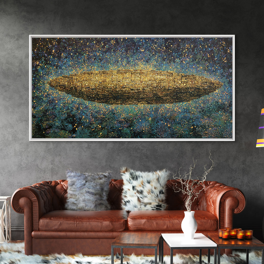 Glowing Golden Oval Over Blue Meadow Canvas Print, Abstract African Art, Textured Art Print, Luxury Canvas Art Decor Gift