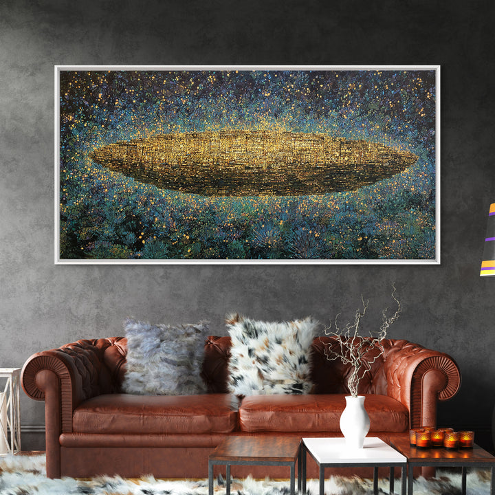 Glowing Golden Oval Over Blue Meadow Canvas Print, Abstract African Art, Textured Art Print, Luxury Canvas Art Decor Gift