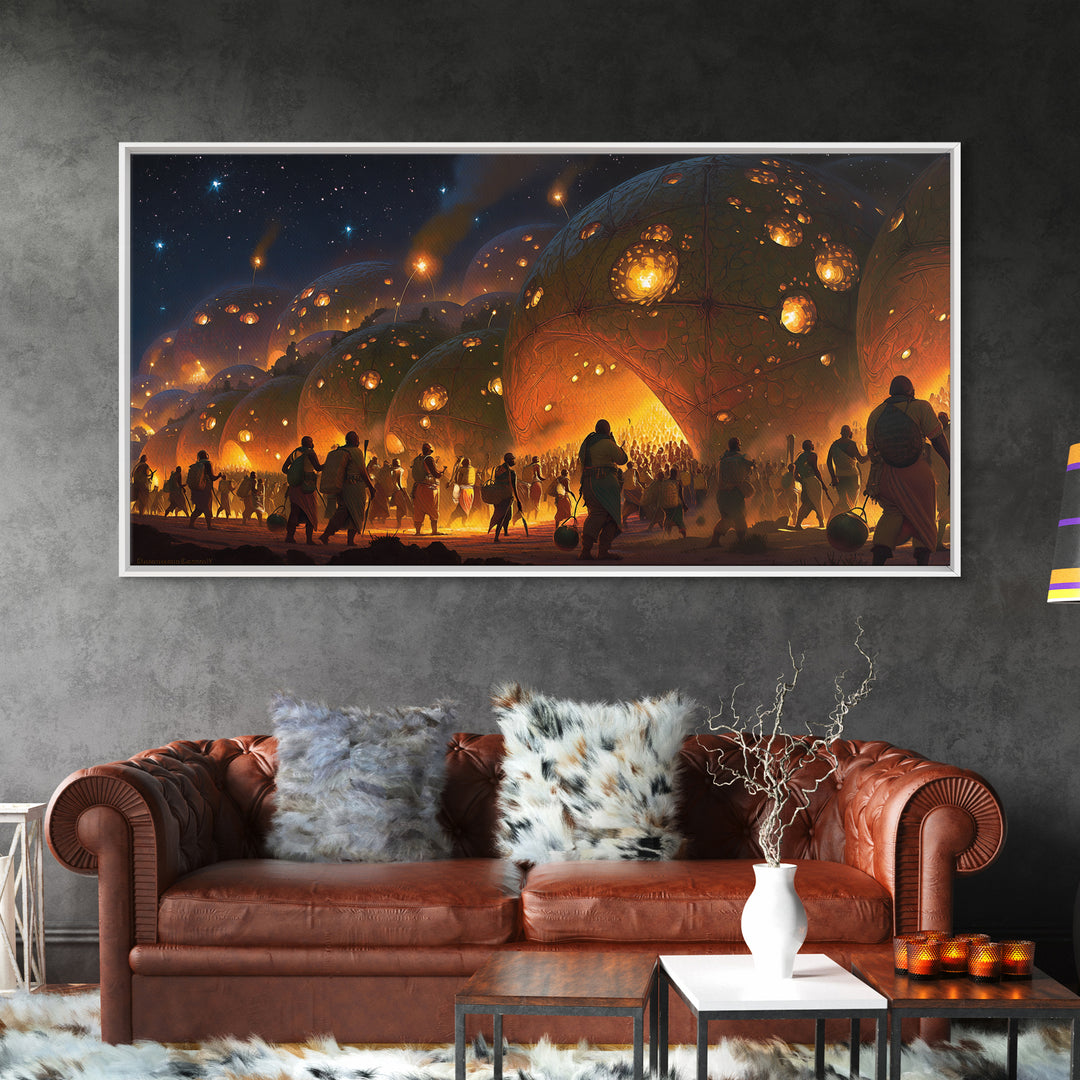 Fiery Afrofuturist Dome Village Wall Art, Modern African Art, Black Culture Art, Statement Canvas Decor For Living Room Gift