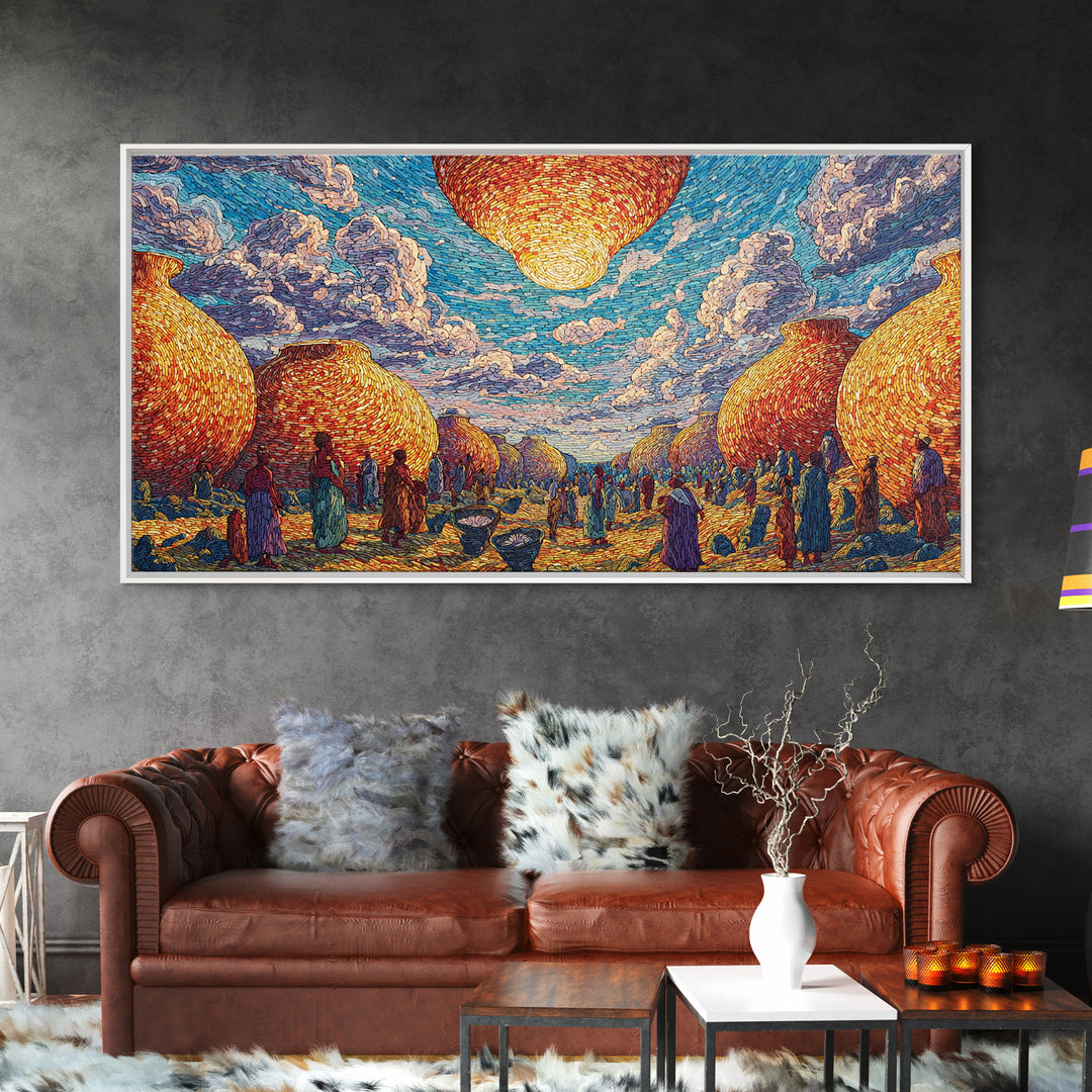 Golden Woven Village And Blue Sky Wall Art, African Landscape, Cultural Art Print, Boho African Home Decor Gift For Living Room