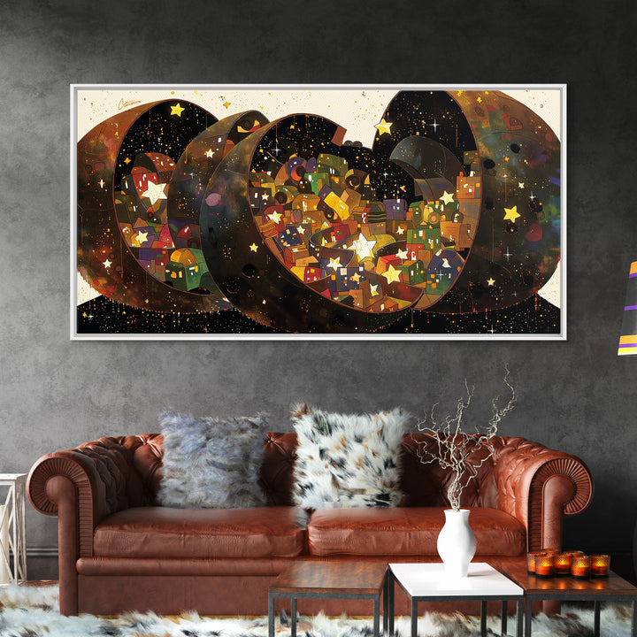 Celestial Crescent Star Village Wall Art, African Inspired Abstract, Black Gold Canvas Print, Whimsical Boho Decor Gift For Her