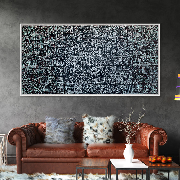 White Tribal Glyph Pattern On Black Wall Art, African Tribal Art, Geometric Wall Art, Ethnic Home Decor Canvas Print Gift
