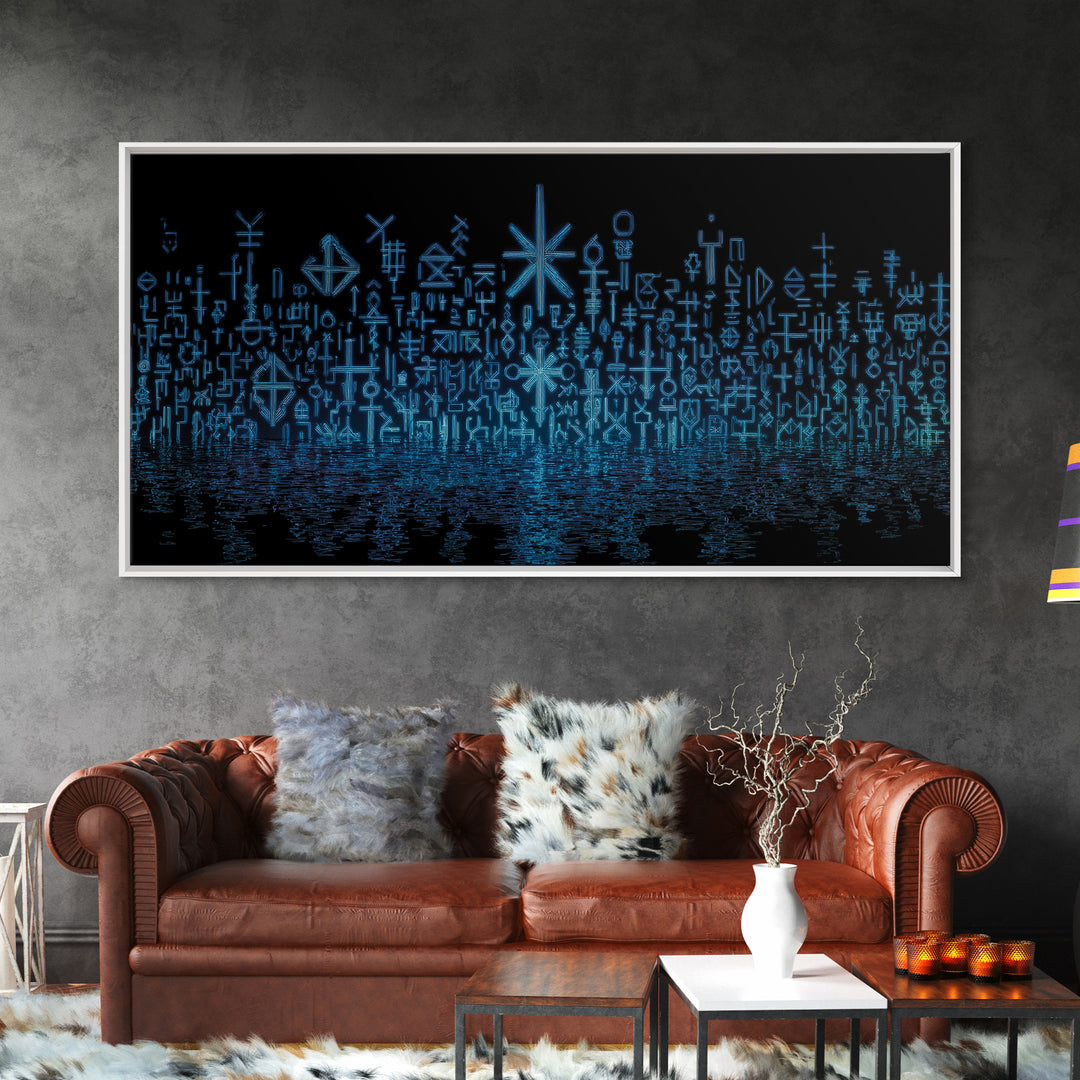Blue Glowing Ancestral Symbols Over Water Canvas Print, African Abstract Art, Spiritual Wall Art, Mystical Wall Decor Gift